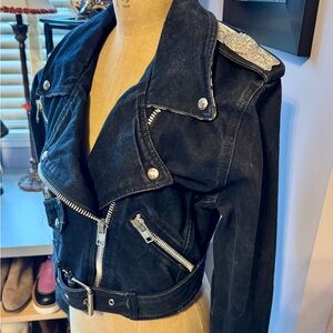 Vintage 90s Parasuco Cropped Moto Denim Jacket Black Belted Canada M